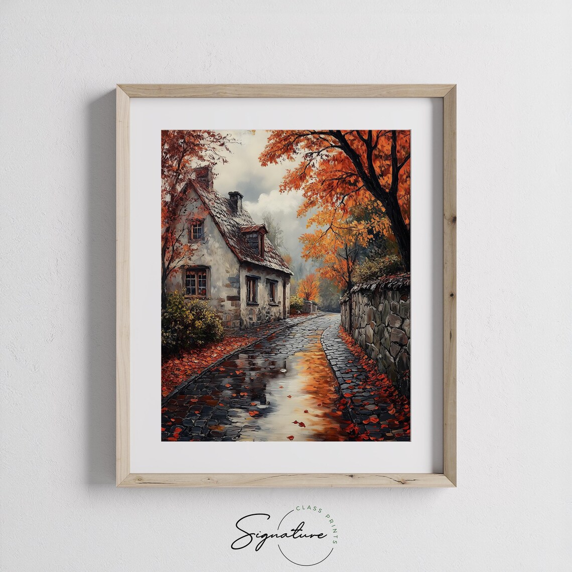 Autumn Cobblestone Street Rainy Day Village Art - Image 3