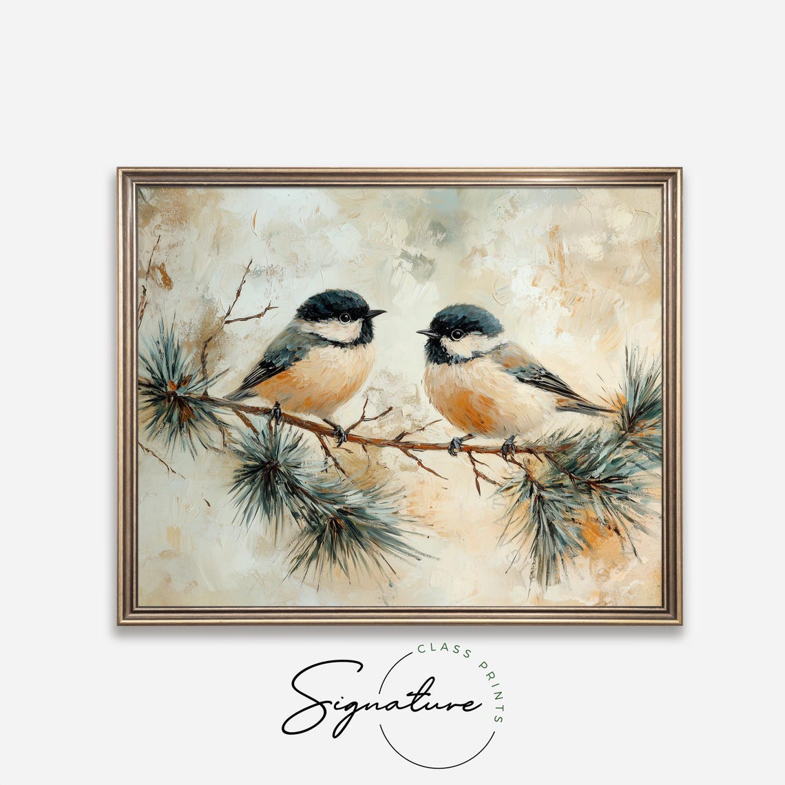 Pair Of Chickadees On A Pine Branch In Warm Winter Tones Poster - Image 4