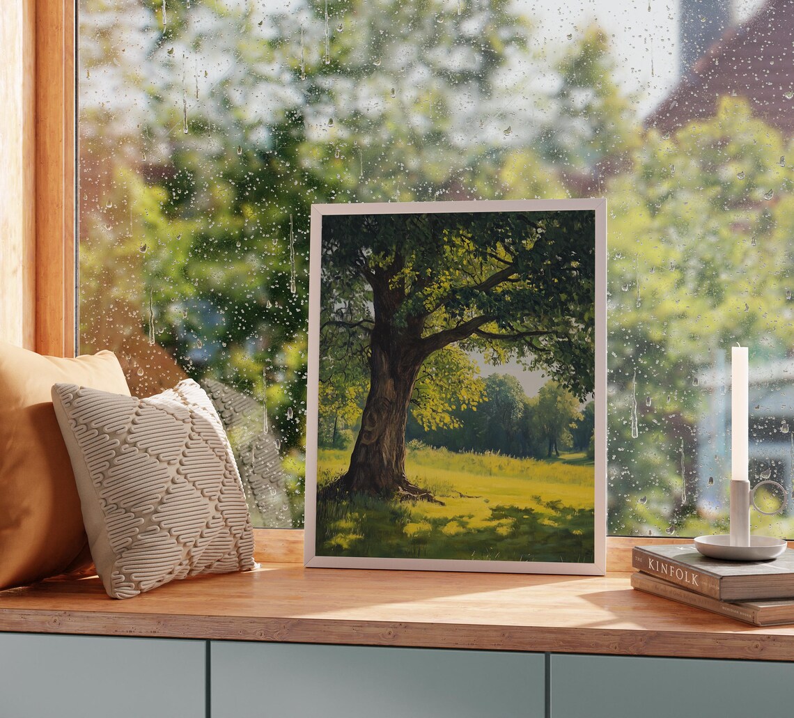 Majestic Oak Tree In Sunny Green Meadow Pastoral Painting Poster - Image 2
