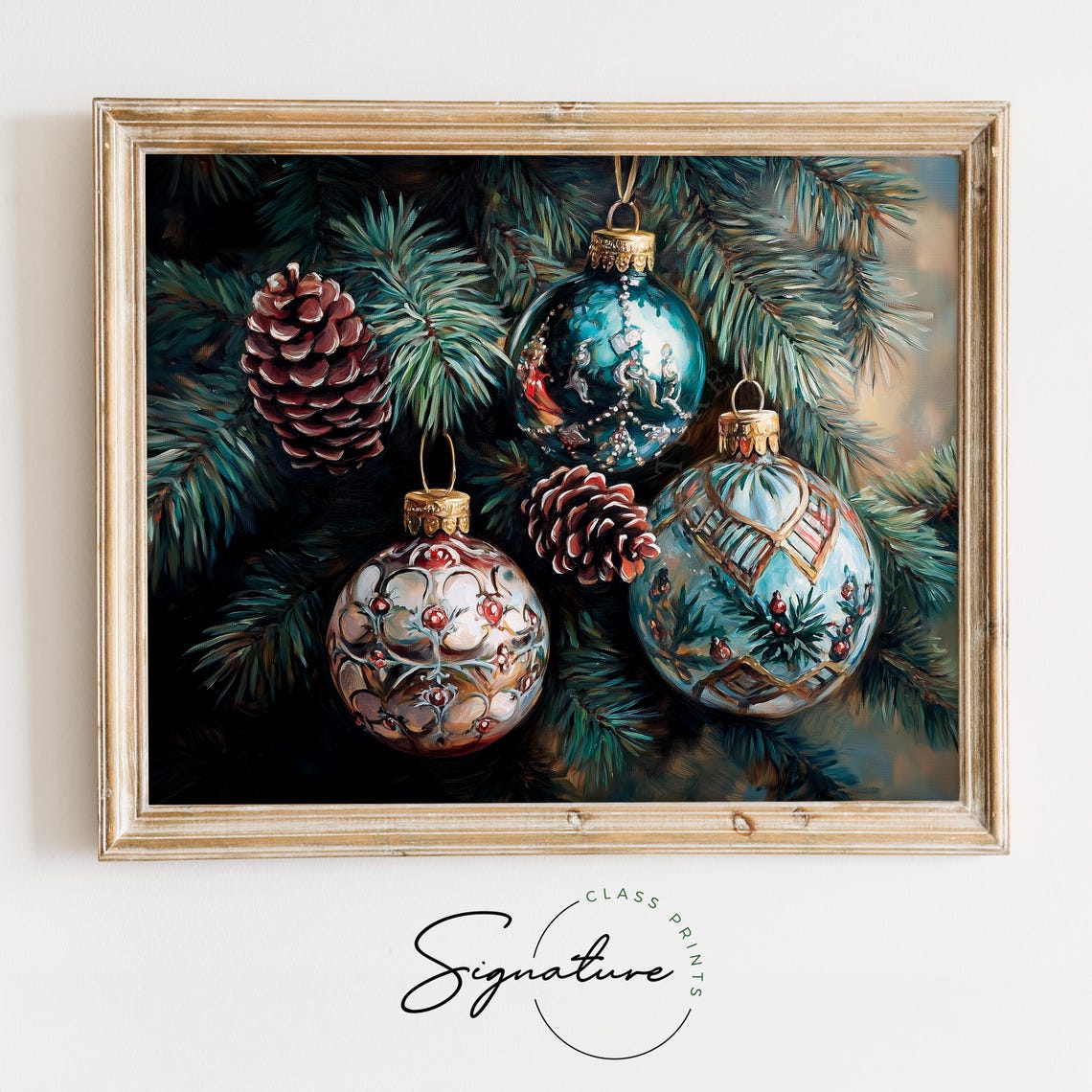 Ornate Teal Christmas Ornaments On Pine Branches Winter Art Poster