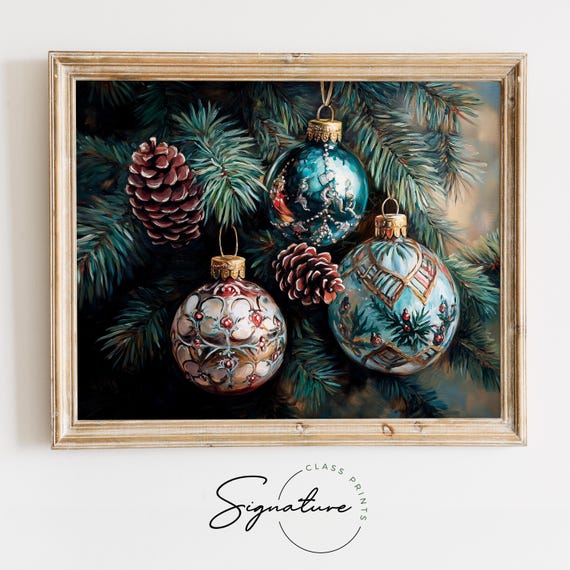 Shimmering Glass Ornaments With Pinecones Art Rustic Christmas Wall Art Farmhouse Holiday Decor Moody Warm Colors Festive Painting 2788