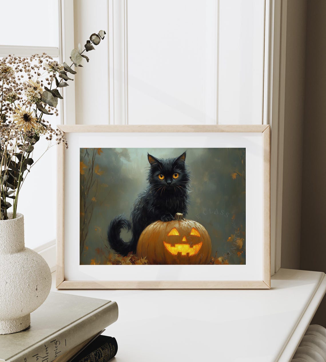 Black Cat With Glowing Amber Eyes Beside a Lit Jack O Lantern Poster - Image 6