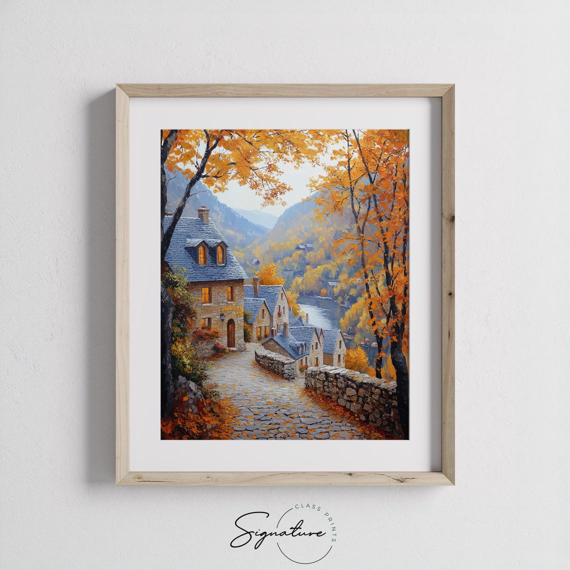 Autumn Riverside Village Evening Lights Stone Cottages River Poster - Image 3