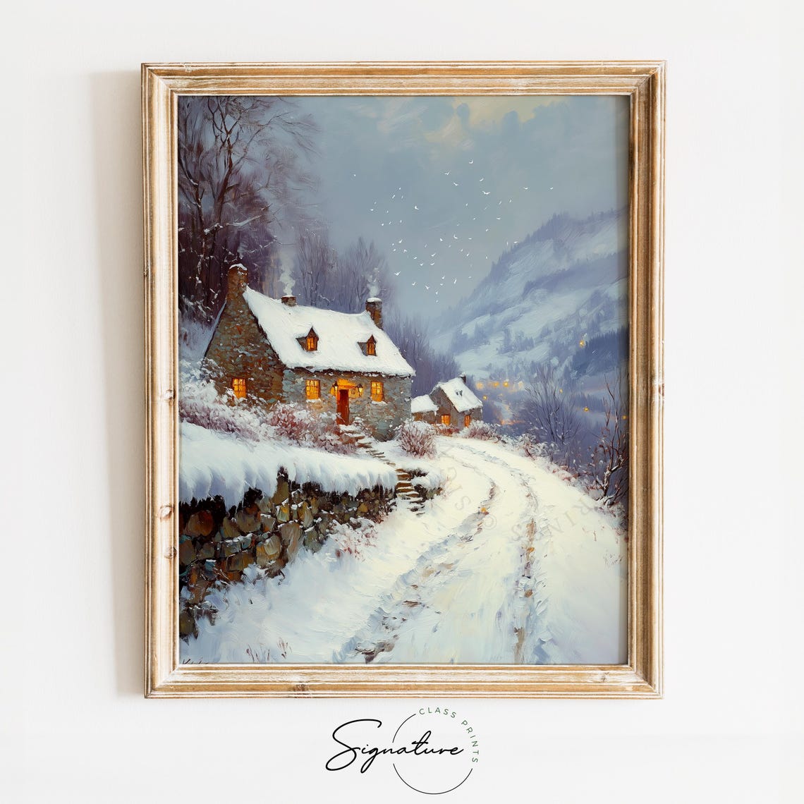 Stone Cottages on a Snowy Hillside Path at Winter Dusk Poster