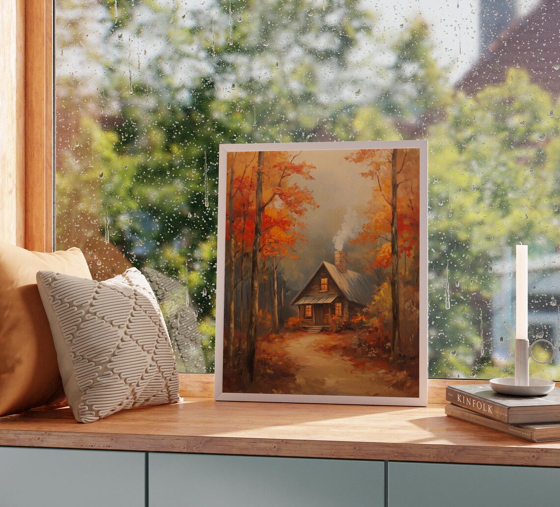 Cozy Cabin Autumn Woods Smoky Chimney Warm Fall Windows Poster - Image 2