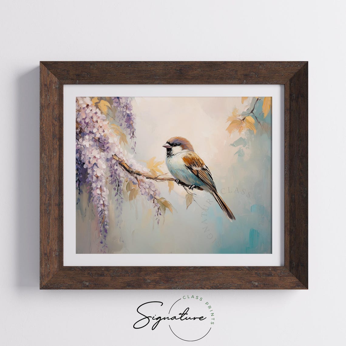 Tree Sparrow On Wisteria Branch With Pale Lilac Blossoms Poster - Image 3