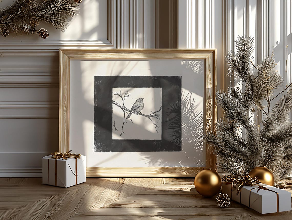 Songbird On Branch With Hand Painted Black Border Sketch Poster - Image 2
