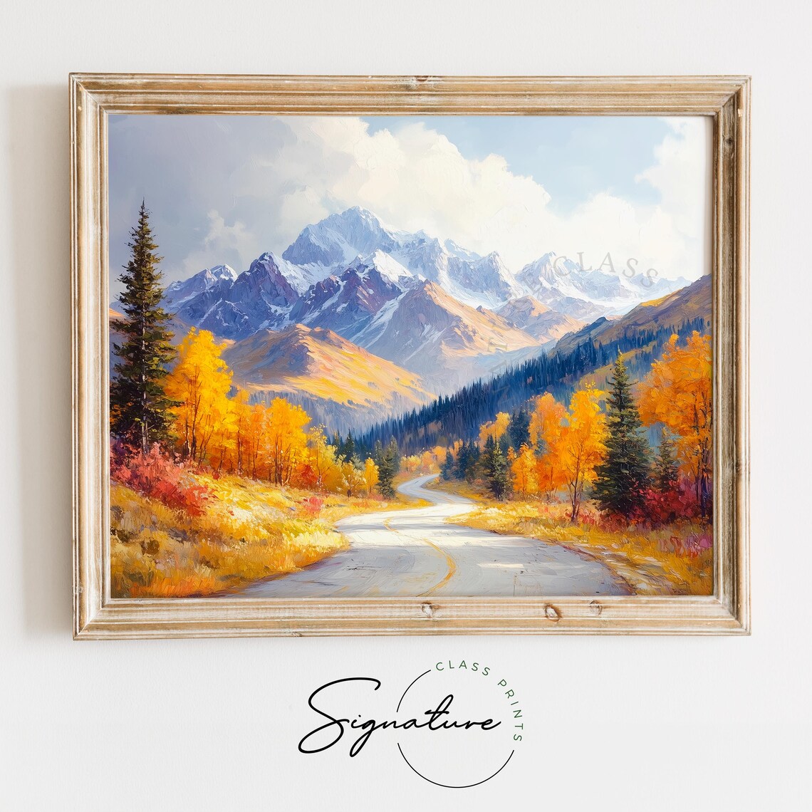 Country Road Golden Autumn Forest Snowy Peaks Oil Painting Poster