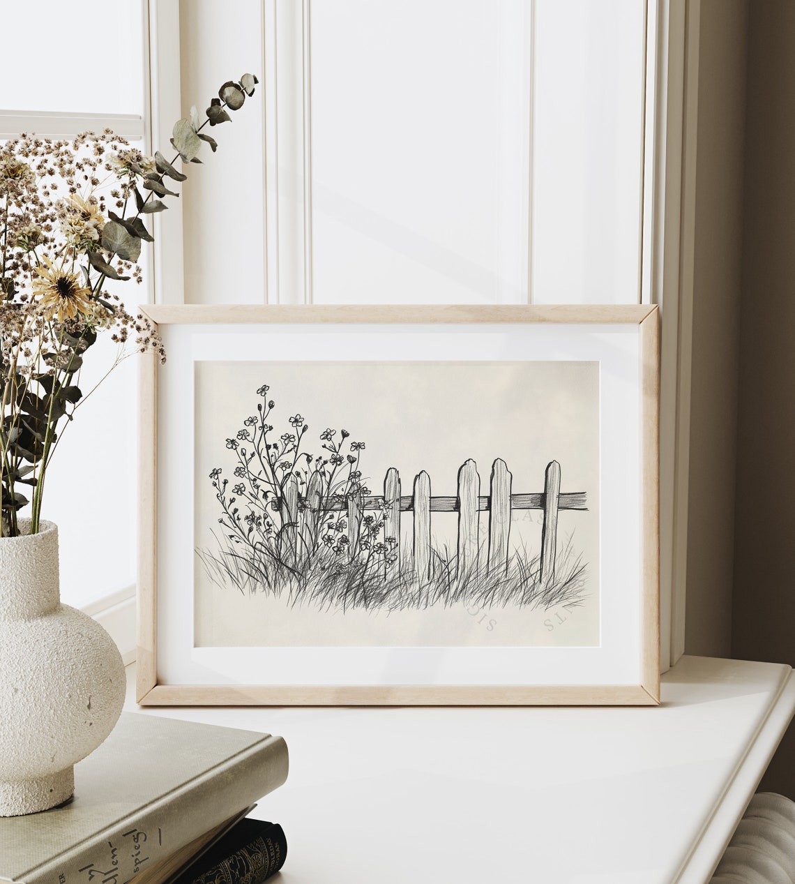 Wildflowers by a Wooden Picket Fence Pencil Sketch Botanical Poster - Image 6