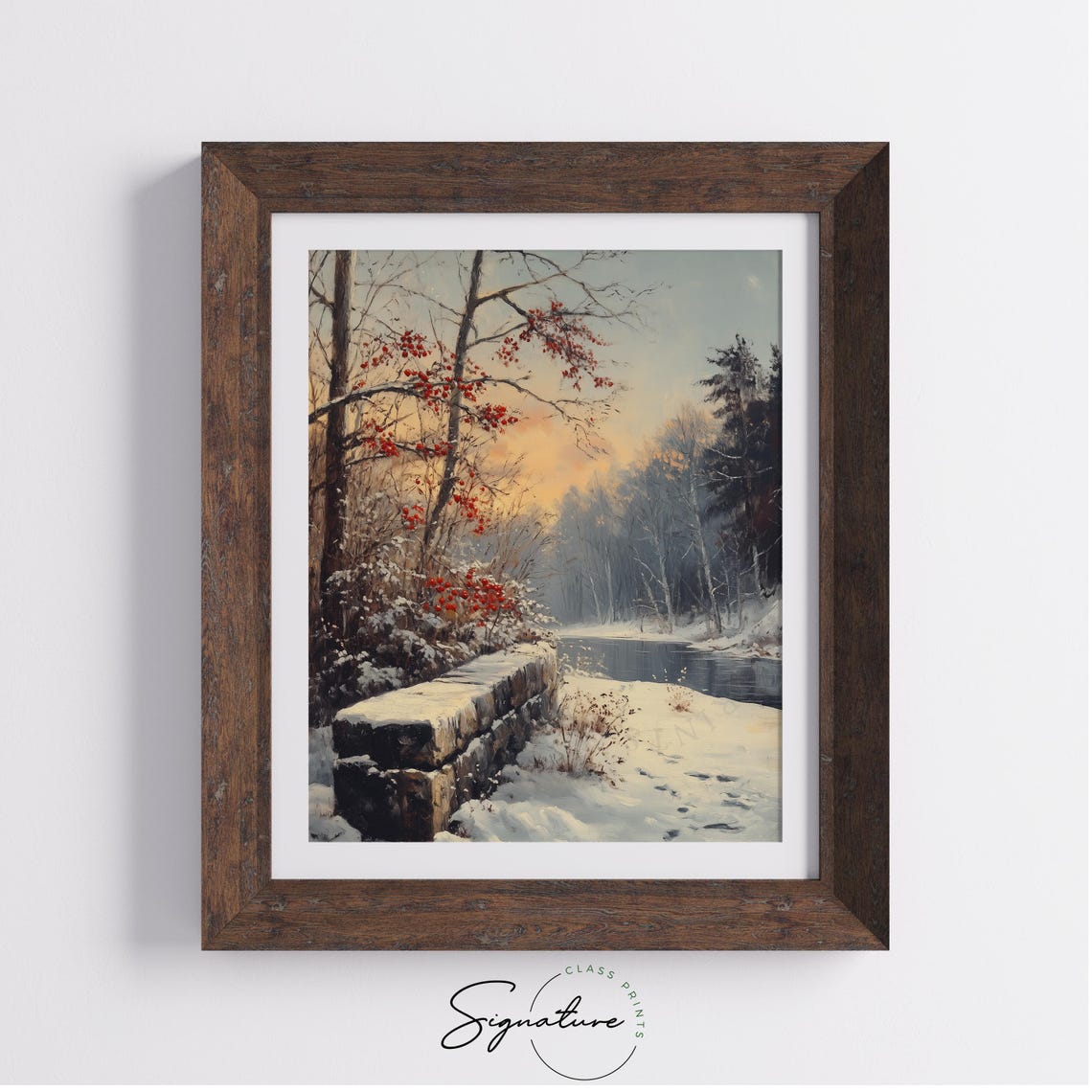 Snow-Covered Stone Bridge Over a Frozen River at Winter Sunrise Poster - Image 3