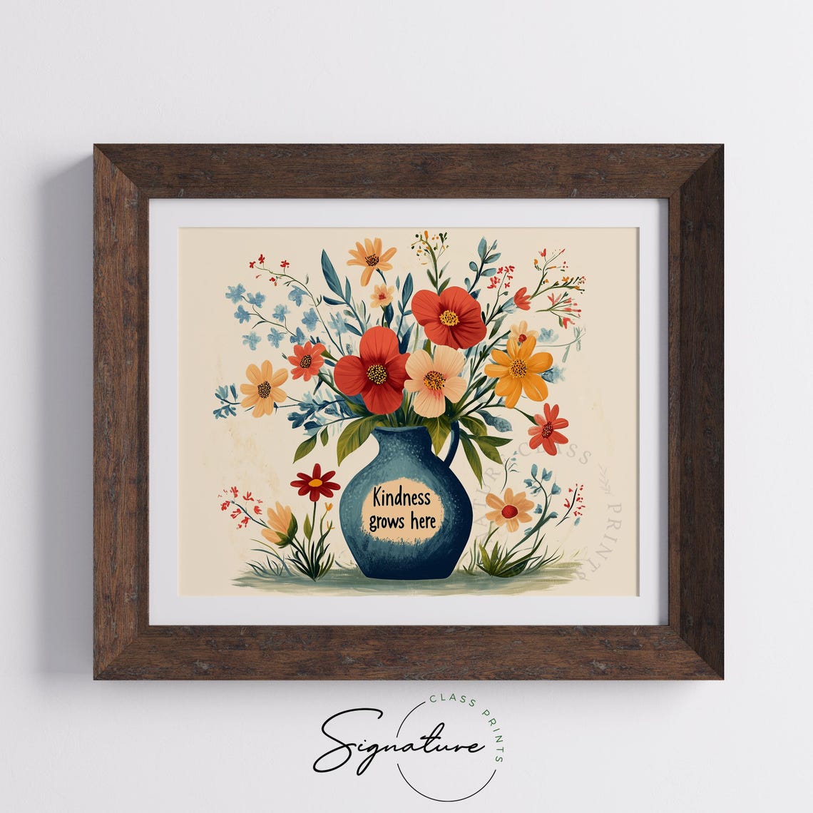 Kindness Grows Here Quote Floral Bouquet In Retro Blue Vase Poster - Image 5