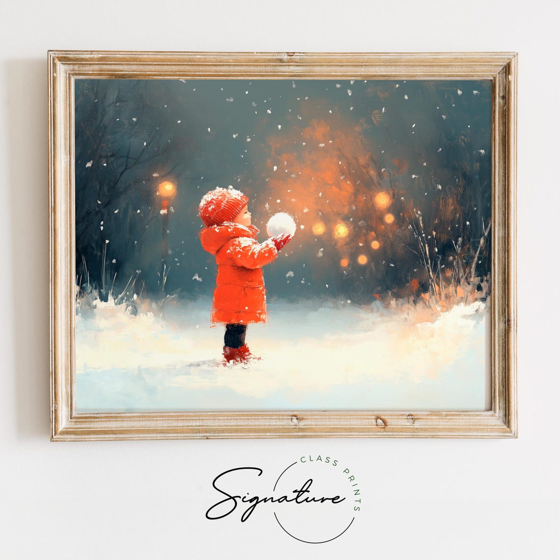 Child in Red Coat Holding Snowball on Snowy Winter Night Art Poster