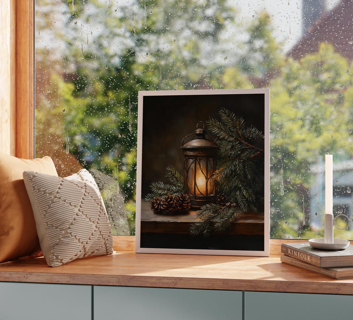 Vintage Rustic Lantern With Pinecones Moody Winter Still Life Poster - Image 2
