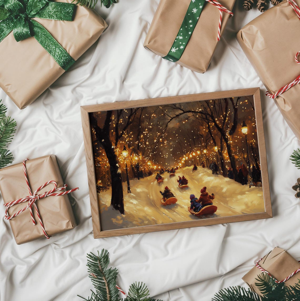 Children Sledding Down A Snowy Hill Under Warm Street Lamps Poster - Image 2