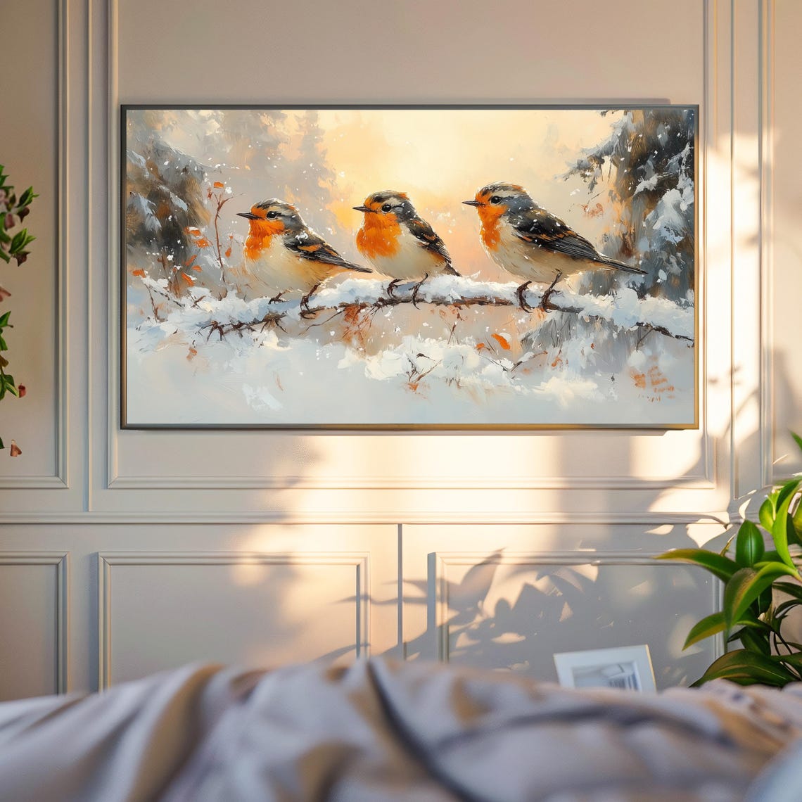 Robin Trio On Snowy Branch At Golden Winter Sunset Bird Art Poster - Image 4