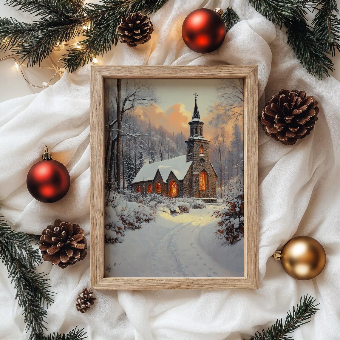 Historic Stone Church In Snow, Rustic Holiday Print - Image 4