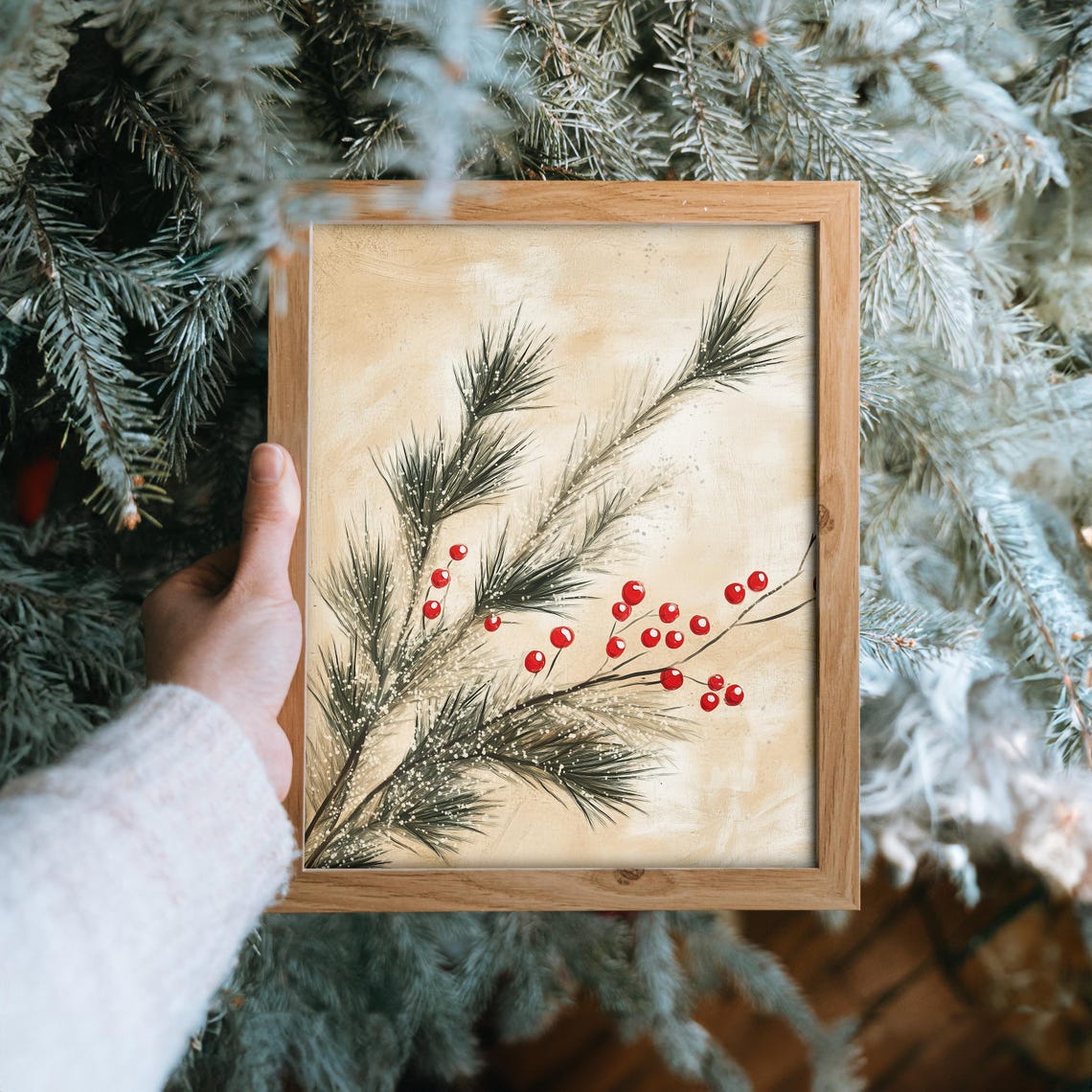 Snowy Pine Branches with Red Berries Minimalist Winter Poster - Image 6