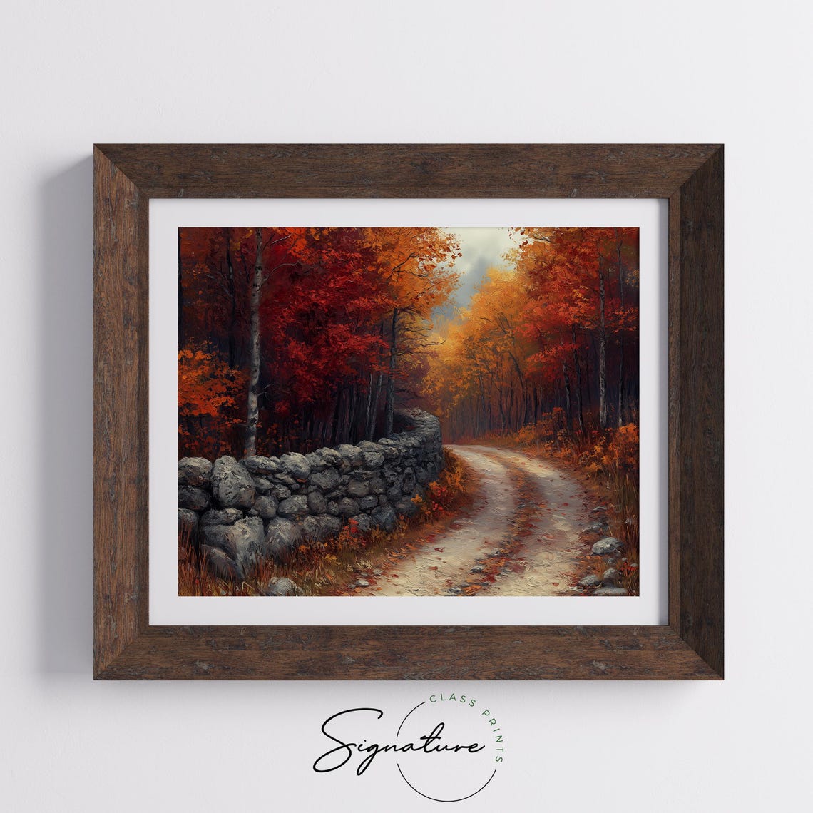 Dirt Road Old Stone Wall Red Maple Forest Autumn Painting Print - Image 5