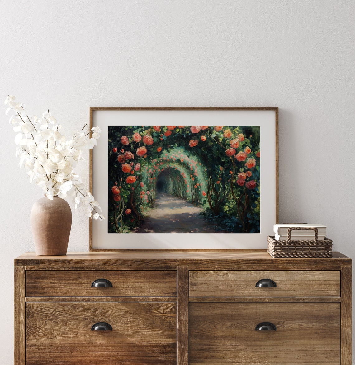 Impressionist Coral Rose Tunnel Garden Path Blooming Flowers Poster - Image 3