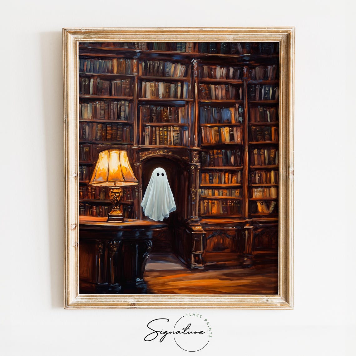Cute Ghost Grand Library Vintage Bookshelves Lamp Glow Poster