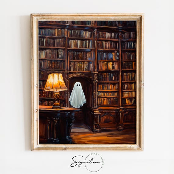 Ghost In Grand Library With Vintage Bookshelves Moody Fall Scene Rustic Halloween Wall Art Earthy Cottagecore Decor 1524