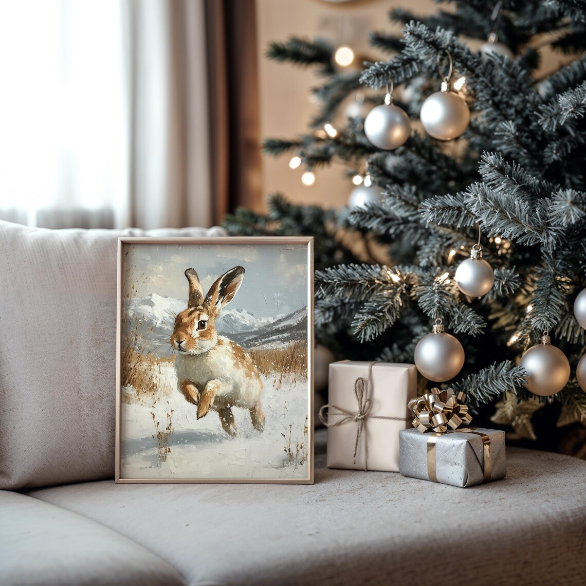 Hare Running Snow Mountain Winter Wildlife Woodland Animal Painting Poster - Image 5