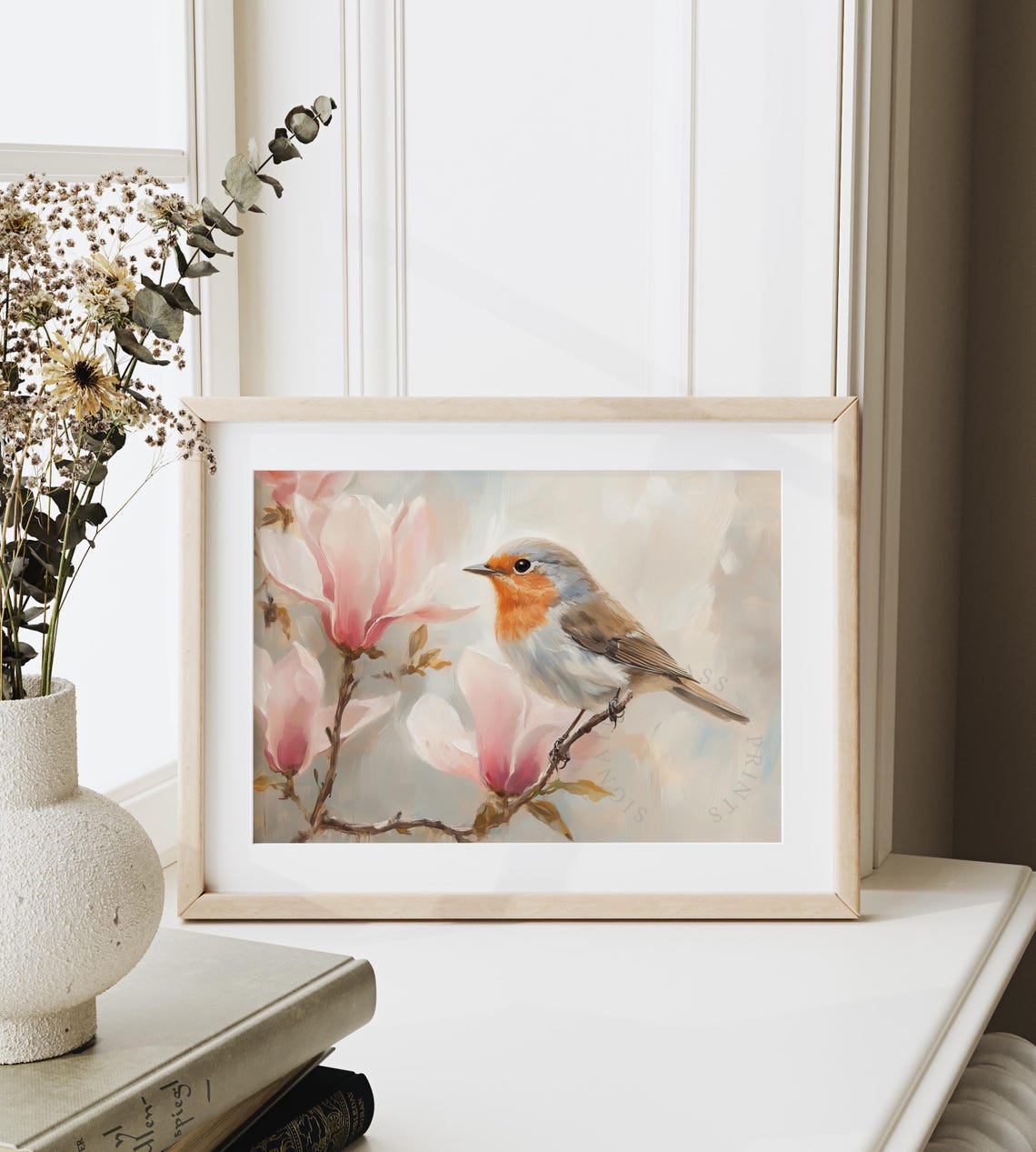 Robin With Pink Magnolia Blooms Soft Vintage Bird Art Poster - Image 4