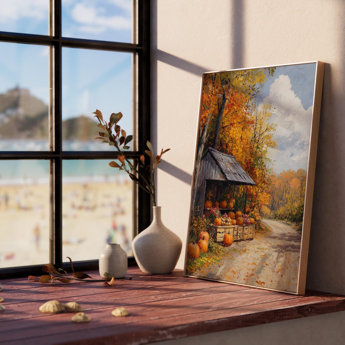 Charming Roadside Pumpkin Stand Under Autumn Maples Impasto Wall Art - Image 5