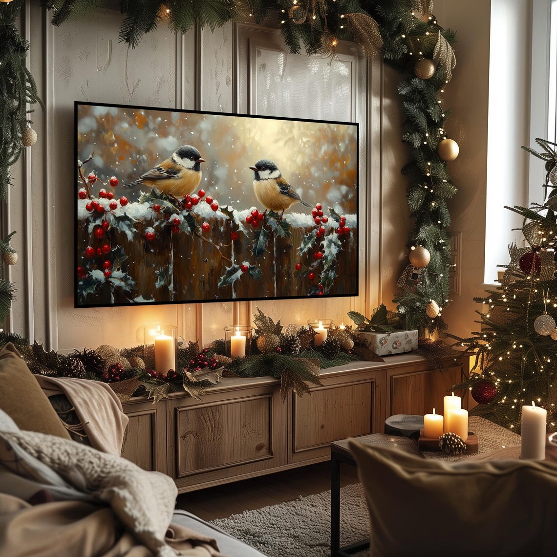 Two Chickadees On Snowy Fence With Holly Berries Winter Bird Poster - Image 3