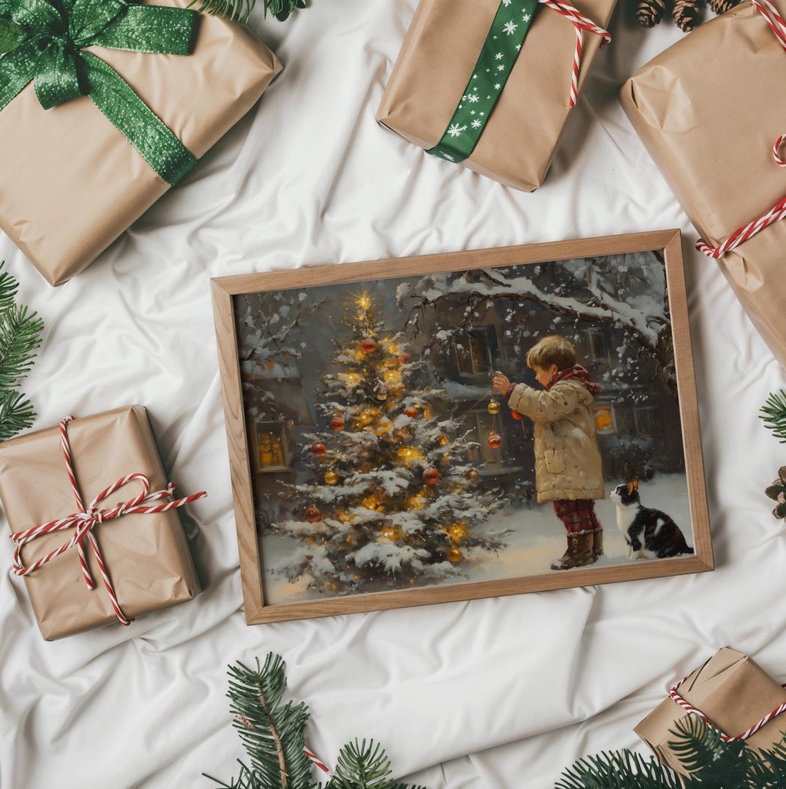 Boy Decorating Outdoor Snowy Christmas Tree with Calico Cat Poster - Image 2