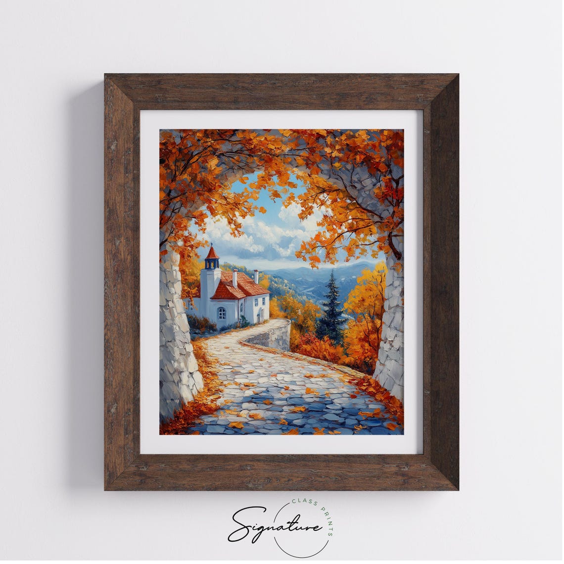 European Old White Chapel Cobblestone Autumn Mountain Vista Print - Image 4