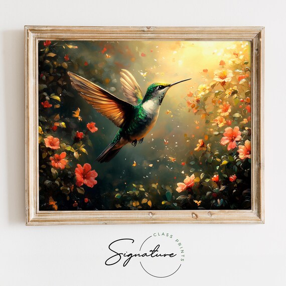 Sunlit Hummingbird Among Red Orange Blossoms Dramatic Poster