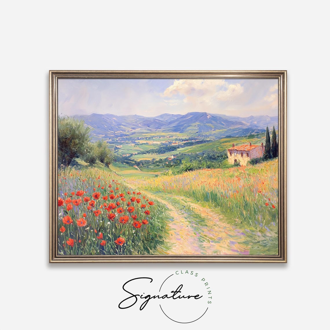 Red Poppy Path Past a Sunlit Stone Villa and Cypress Trees Poster - Image 4