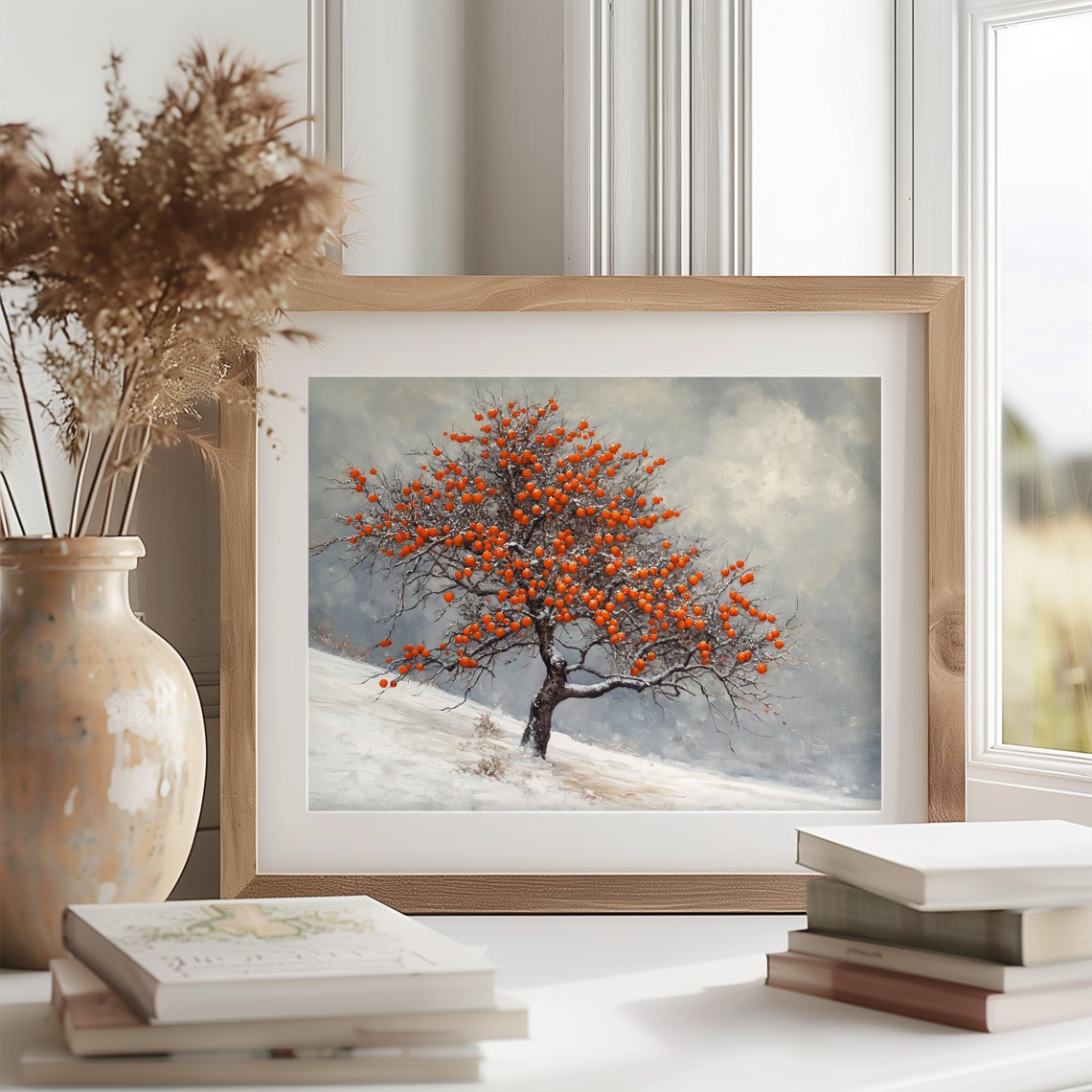 Persimmon Tree Laden With Orange Fruit On Snowy Slope Poster - Image 2