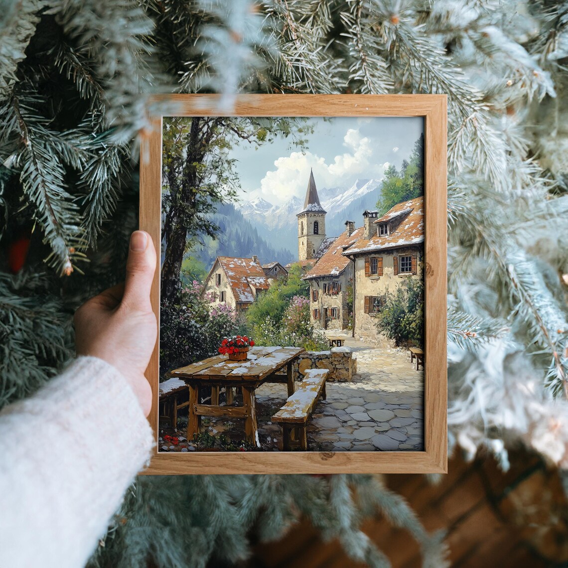 Sunny Alpine Village Church Spire Stone Cottages Summer Poster - Image 6