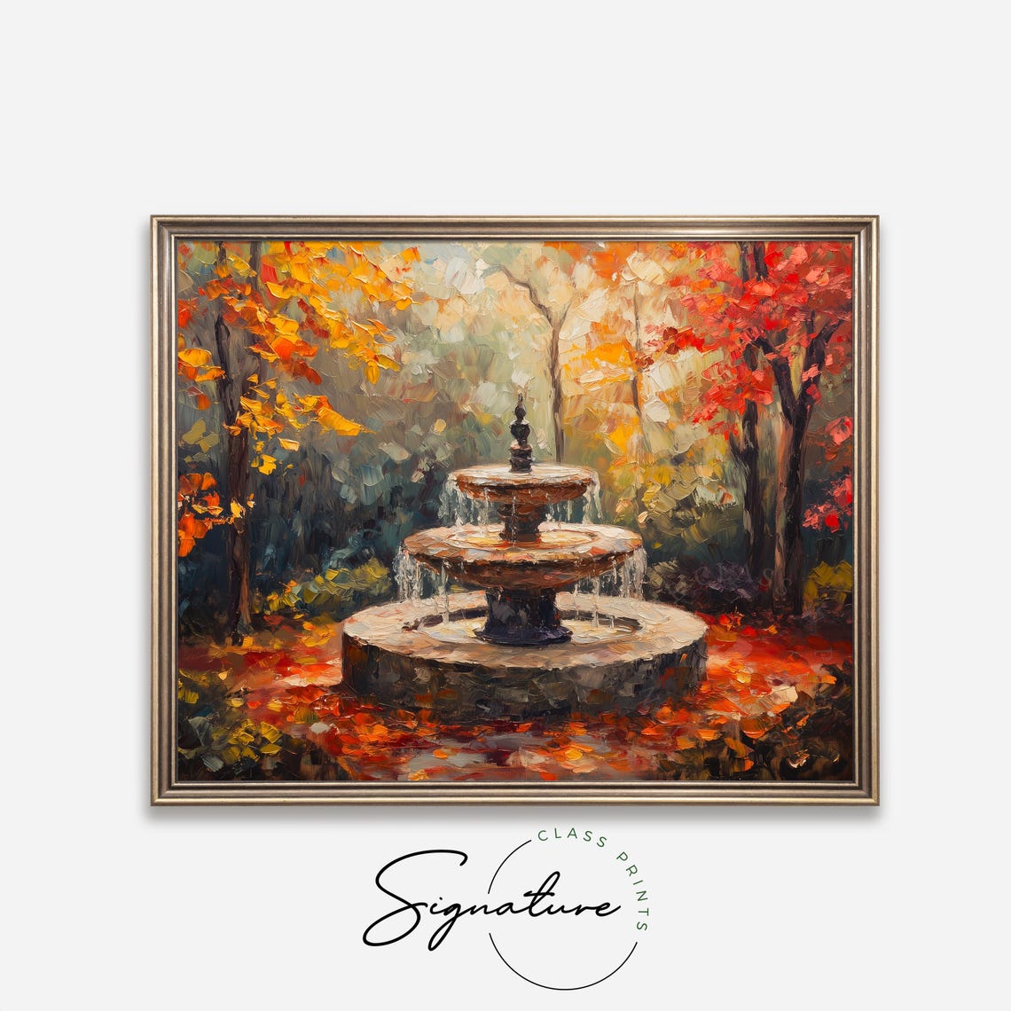 Autumn Garden Fountain Painting Fallen Leaves Rustic Fall Decor Poster - Image 4