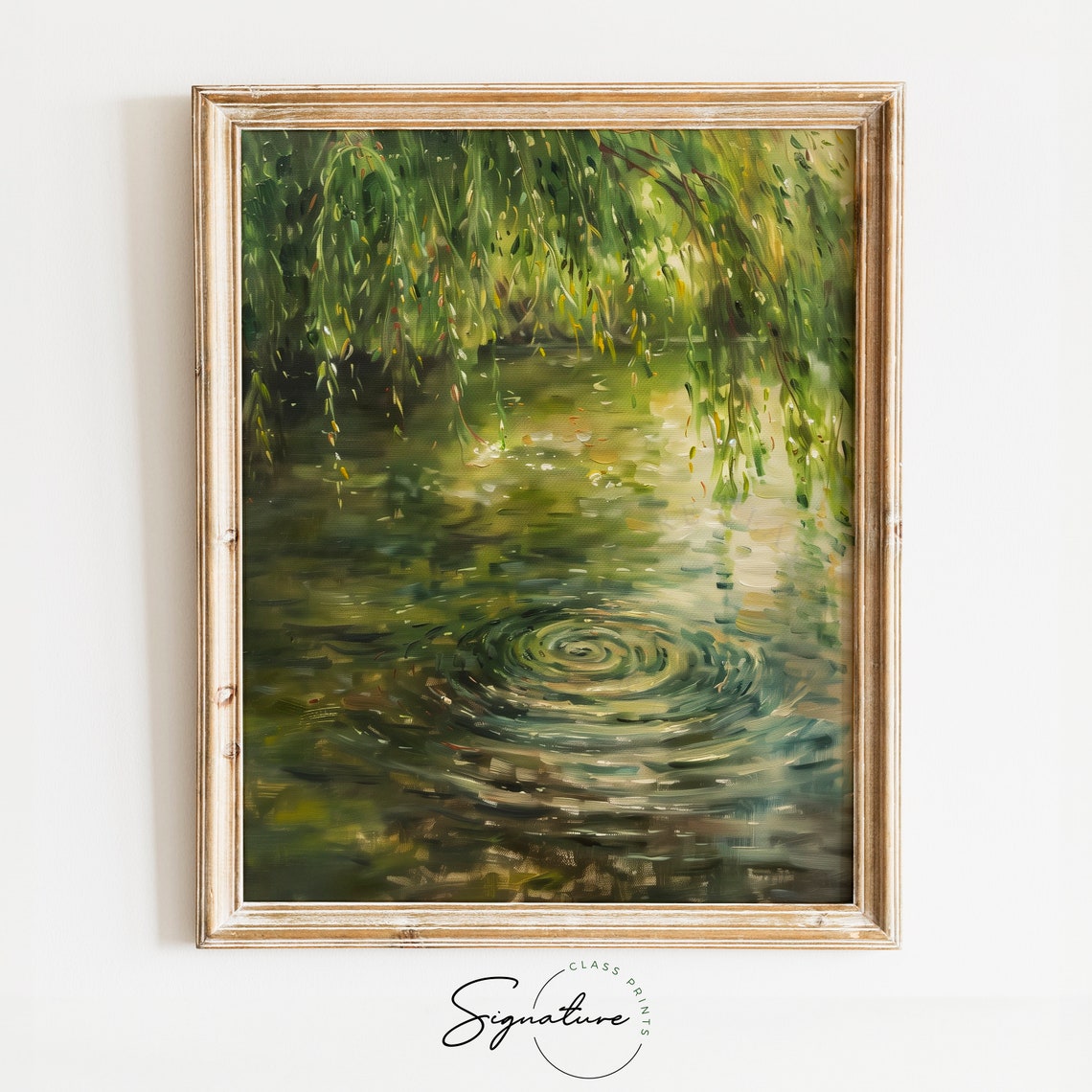 Green Willow Branches Sweeping Over Rippling Pond Water Art Poster