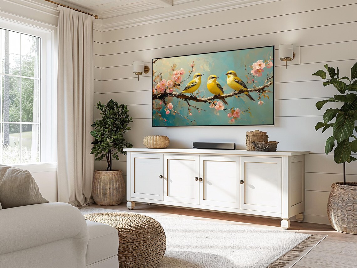 Goldcrest Trio On Blooming Cherry Branch Spring Bird Painting Art Poster - Image 3