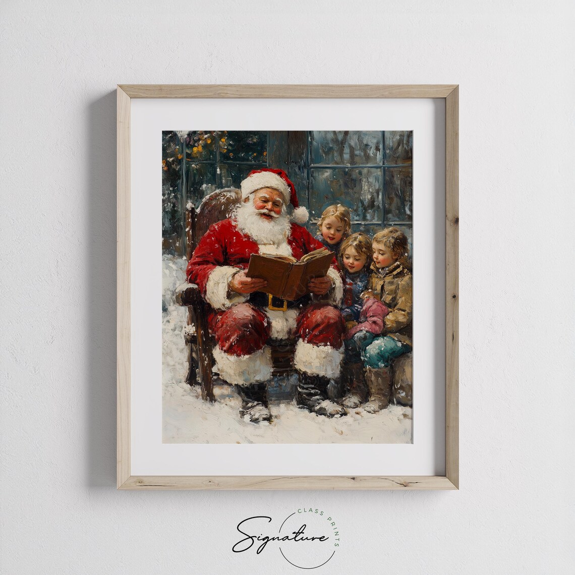 Santa Claus Reading Stories to Children Snowy Christmas Print - Image 2