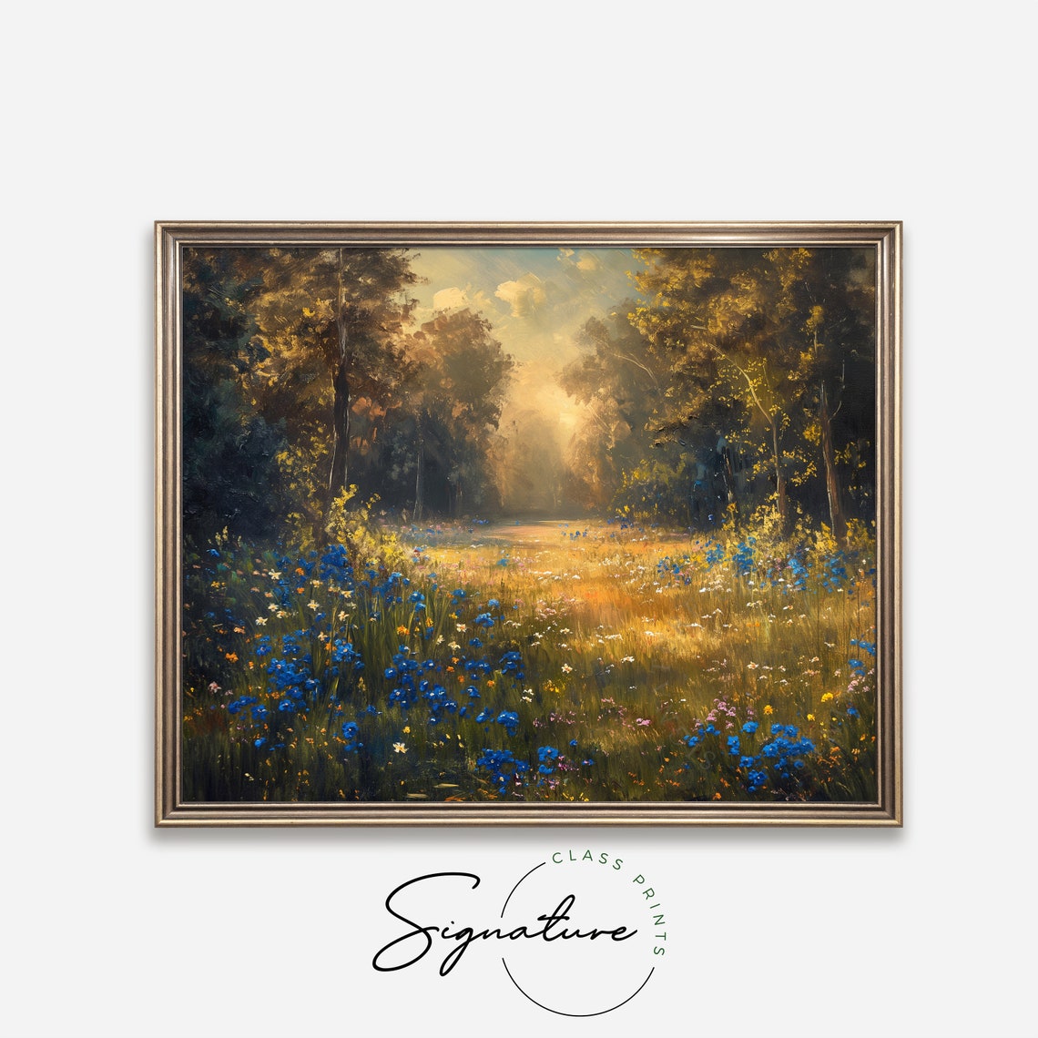 Morning Light On Blue Wildflowers In Golden Forest Clearing Poster - Image 4