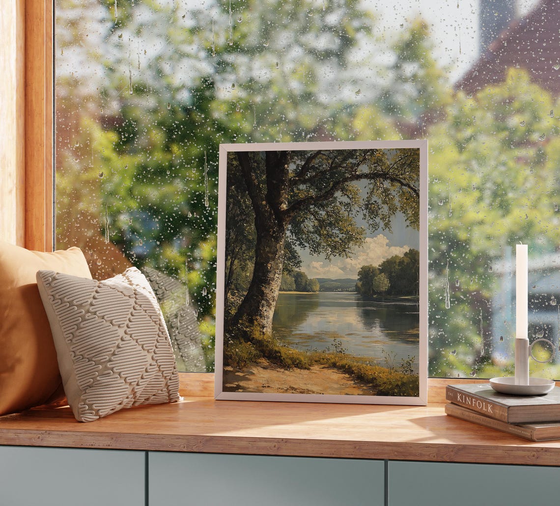 Serene River Under Big Oak Tree Tranquil Green Lake Landscape Poster - Image 5