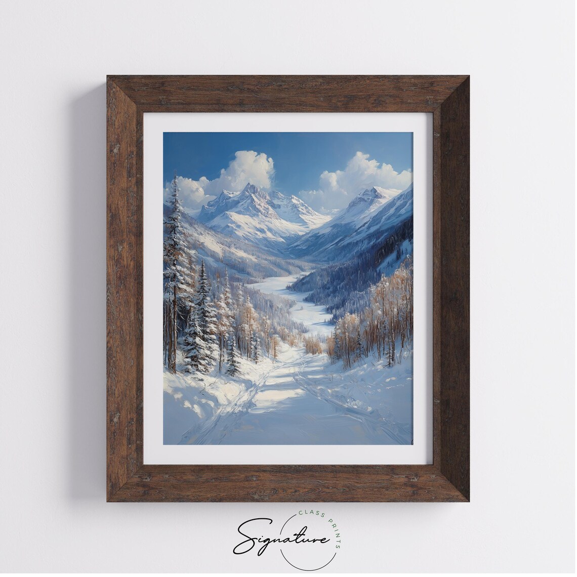 Snow Trail Winding Into A Remote Mountain Valley Oil Painting Style Poster - Image 2