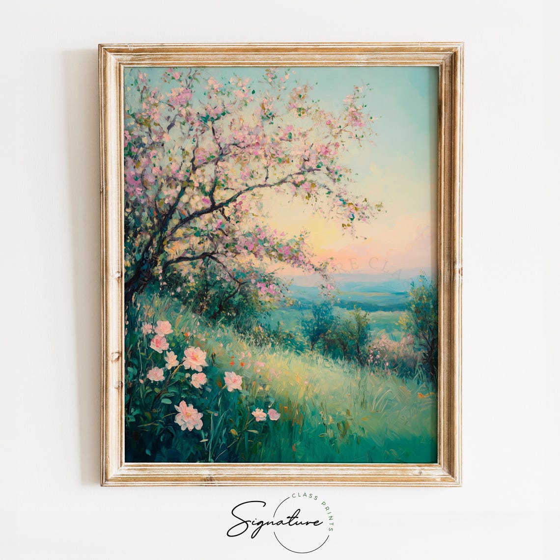 Delicate Pink Blossoms On Hillside Overlooking Soft Valley View Poster