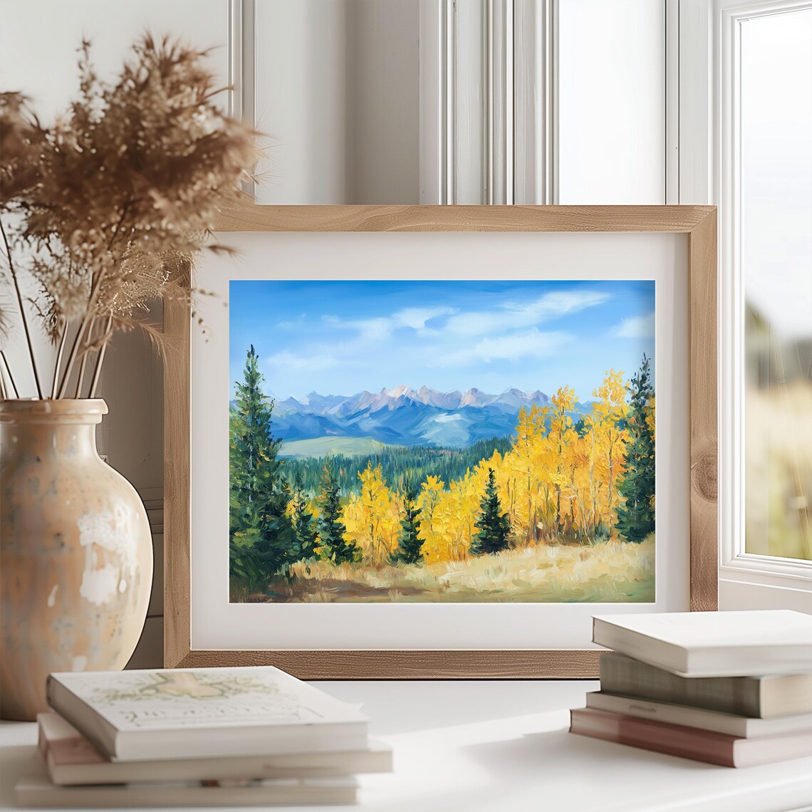 Fall Mountain Landscape Golden Aspens Blue Peaks Pine Trees Painting Poster - Image 2