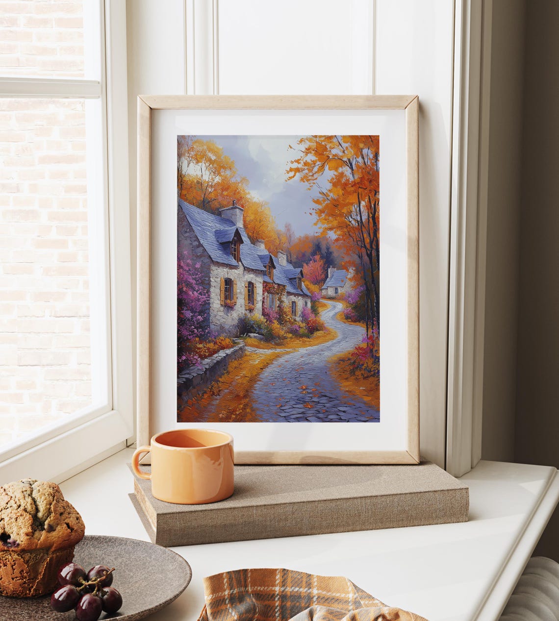 Autumn Village Street Flowering Bushes Stone Houses Lane Poster - Image 6