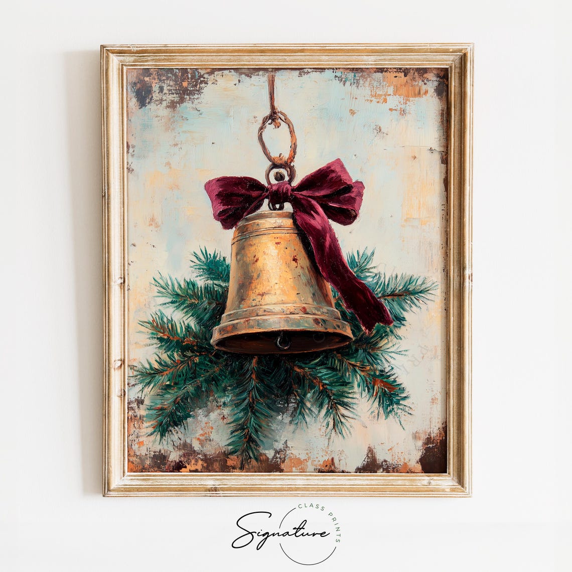 Brass Christmas Bell with Red Velvet Bow Pine Oil Painting Print