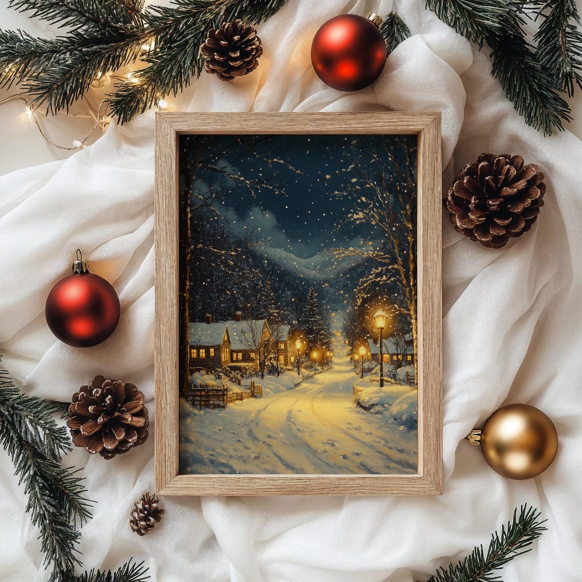 Snowy Village Street at Night with Falling Snow and Lampposts Poster - Image 4