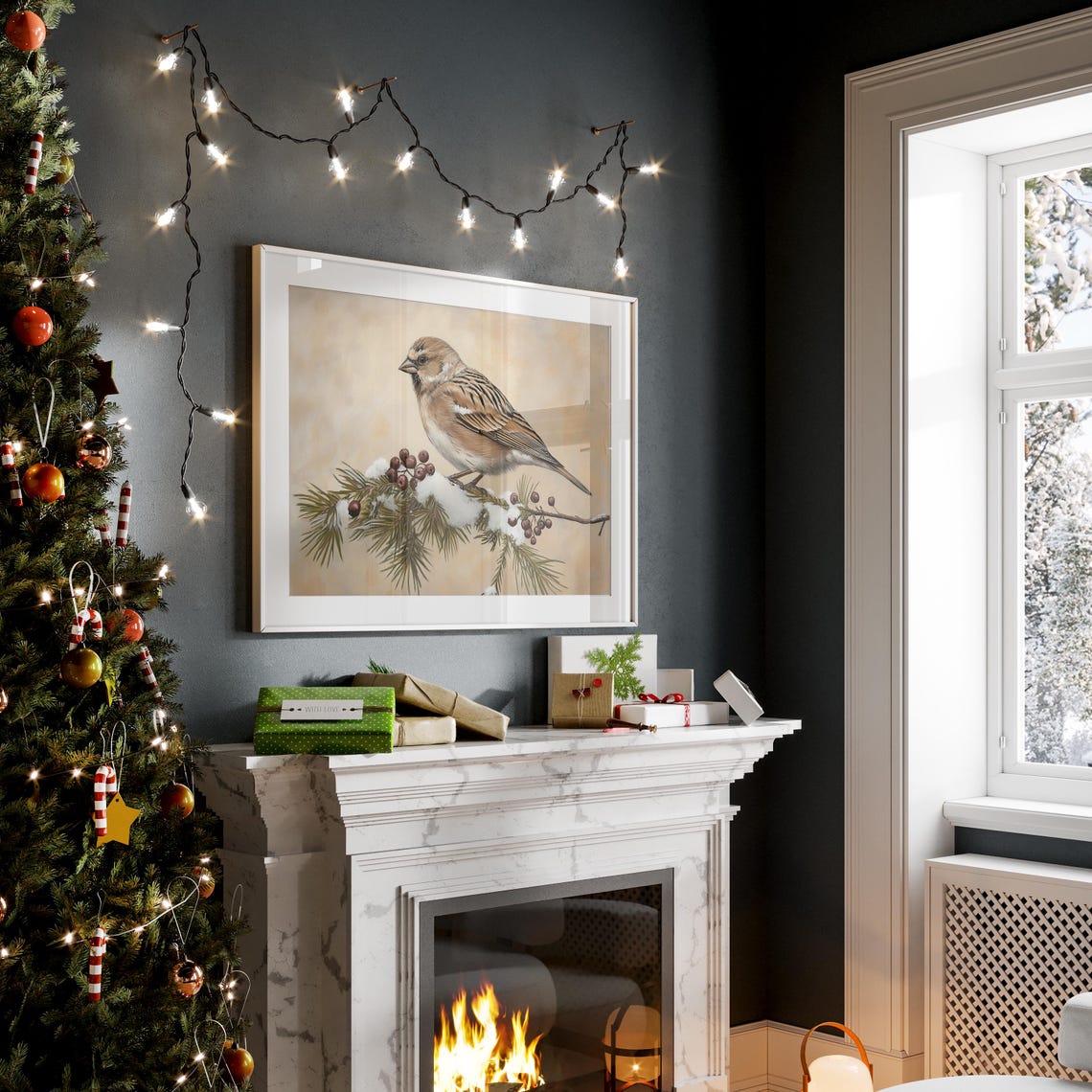 Linnet On Snowy Pine Branch With Juniper Berries Vintage Print - Image 2