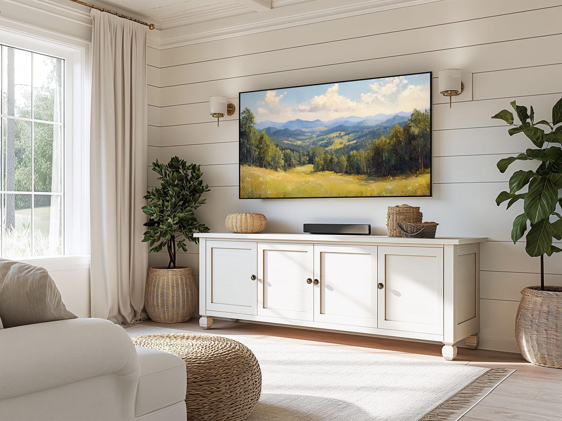Green Forest Valley Sunlit Meadow Hazy Mountain Landscape Wall Art - Image 5