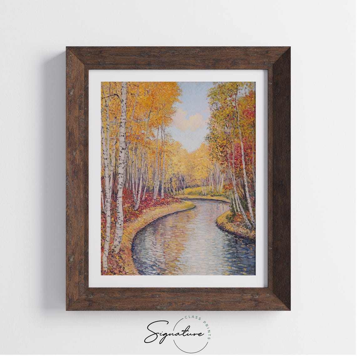 Serene Birch Forest Bowing Over a Sparkling Autumn River Poster - Image 4
